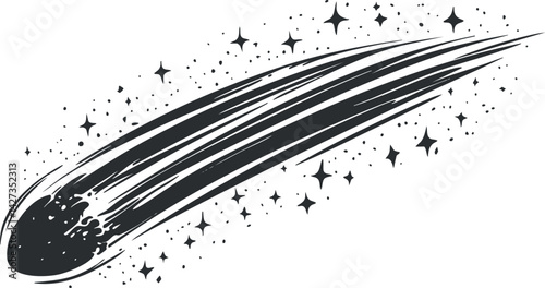 A striking illustration of a comet streaking through the night sky with shining stars.