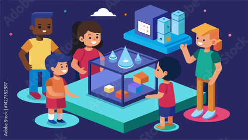 In the virtual tour you can also visit a 3D printing zone where children can witness the magic of turning digital designs into tangible objects.. Vector illustration