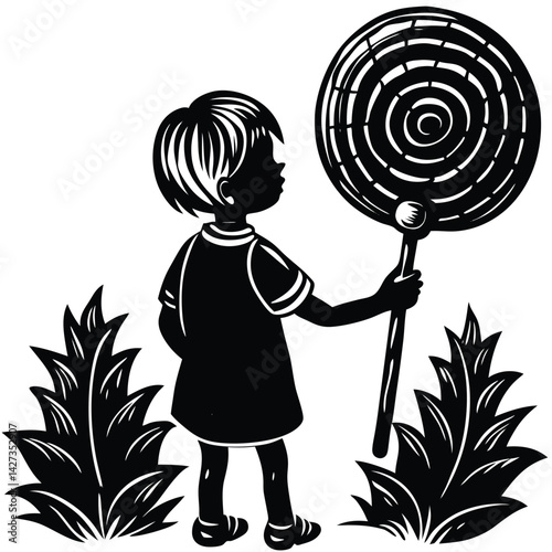 Child with Lollipop Black and White Woodcut Style Illustration: Girl Holding a Swirl Candy, Vintage Art Print, Sweet Treat Graphic