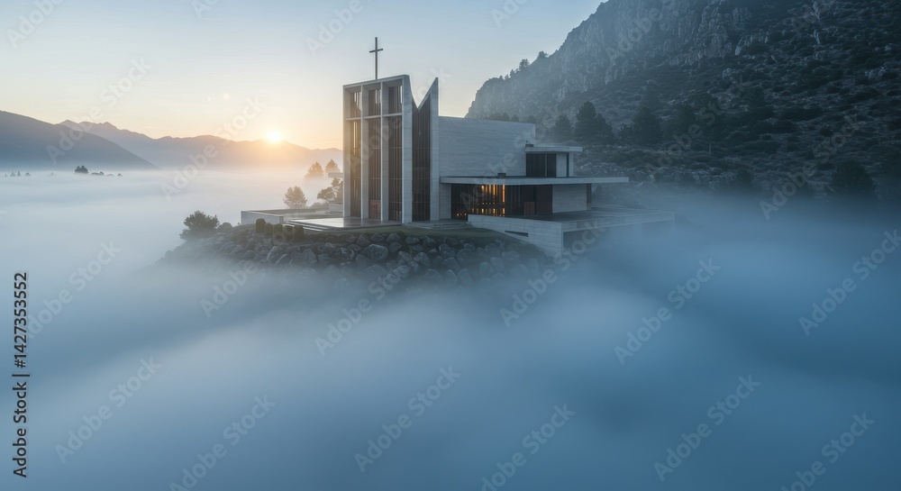 Obraz premium Modern church atop rocky outcrop with fog and mountains in background