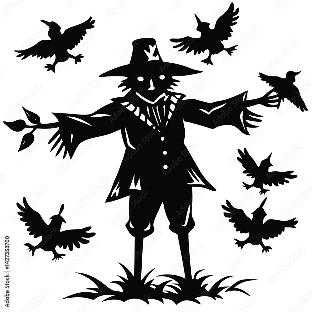 Fototapeta premium Silhouette Scarecrow with Birds: Black and White Illustration for Autumn Harvest Season