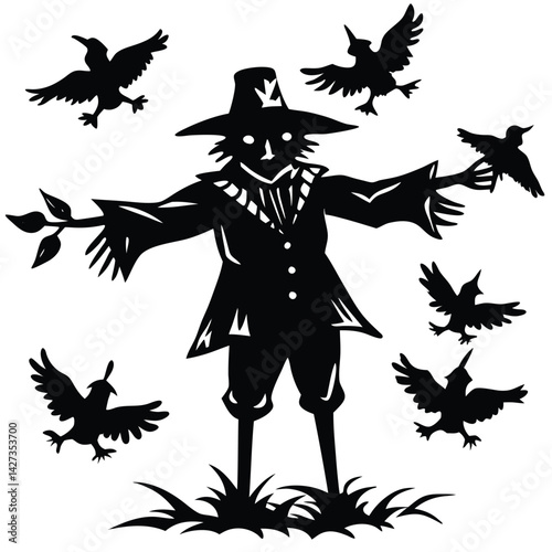 Silhouette Scarecrow with Birds: Black and White Illustration for Autumn Harvest Season