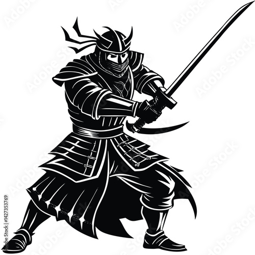 Black and White Samurai Warrior with Katana Sword, Armor, and Helmet Illustration