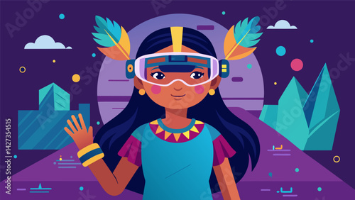 A young girl of Native American descent confidently testing out her latest virtual reality creation at a minorityfocused tech expo.. Vector illustration