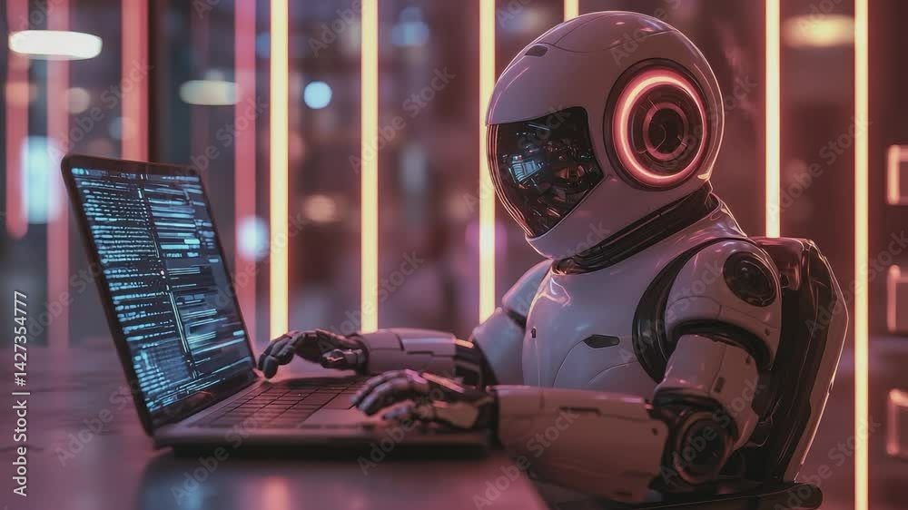 Cybernetic Interface: A futuristic robot, its visage illuminated by vibrant neon, sits at a desk, fully immersed in the digital world via a laptop.