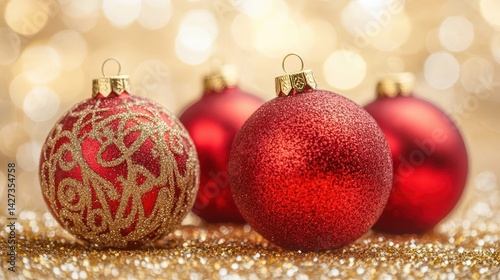 Festive red and gold ornaments sparkle against a blurred, golden backdrop, evoking a warm holiday atmosphere