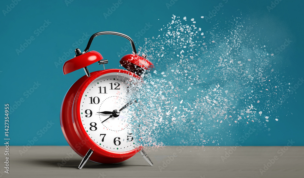 Alarm clock dissolving on wooden table against blue background, banner. Flow of time Alarm clock dissolving on wooden table against blue background, banner. Flow of time
