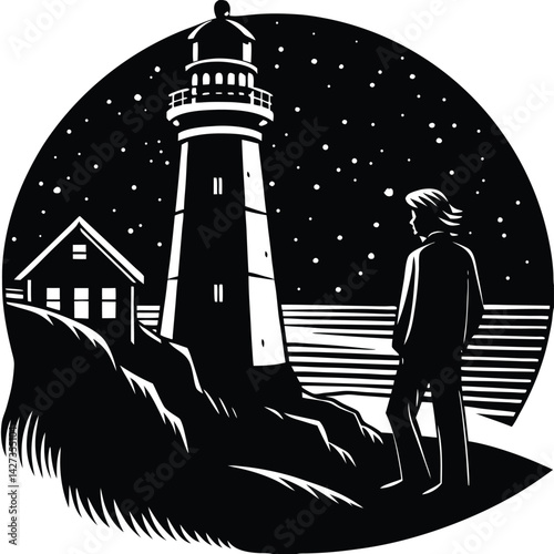 Lighthouse Silhouette Art: Man Gazing at Tower on Cliff Under Starry Night Sky, Black and White Illustration, Coastal Scene