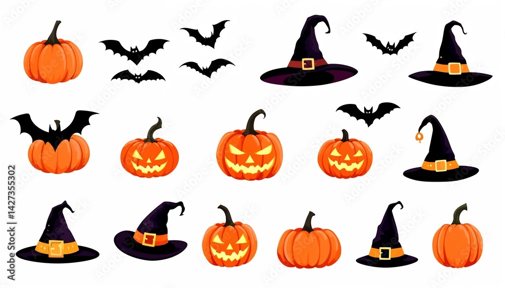 Fototapeta premium Spooky Halloween Gathering: An array of spooky Halloween icons arranged on a flat surface, including carved pumpkin with bats and wizard hats. Capturing the eerie vibes.
