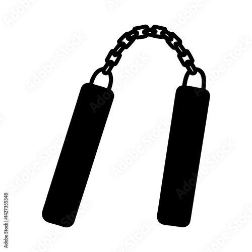 Silhouette of nunchucks weapon with chain connecting handles on white background