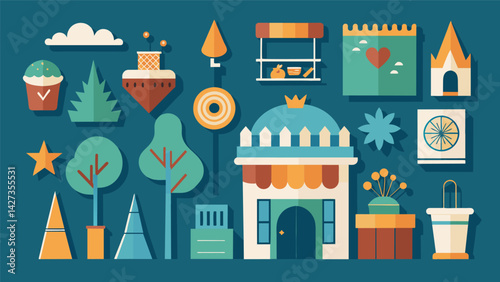 The finishing touches including decorative elements and signage for each store and area.. Vector illustration