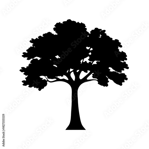 Black tree silhouette stands isolated on a white background with full foliage