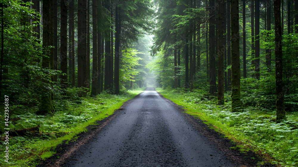Fototapeta premium Forest Path Through Lush Green Trees With Sunlight