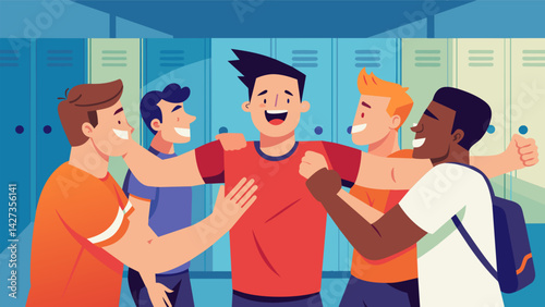 A locker room full of adrenaline and camaraderie as teammates congratulate each other after a successful dual.. Vector illustration