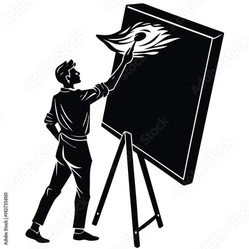 Artist Painting on Easel: Black and White Vector Illustration of Creative Man at Work, Fine Art, Graphic Design, Artistic Expression