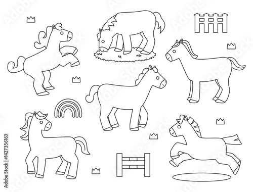 いろいろな動きをする可愛い馬のイラストのセット　線画バージョン
