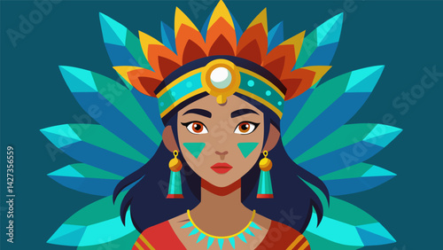 A digital portrait of a young girl adorned in a tribal headdress displaying intricate detail and vibrant colors.. Vector illustration