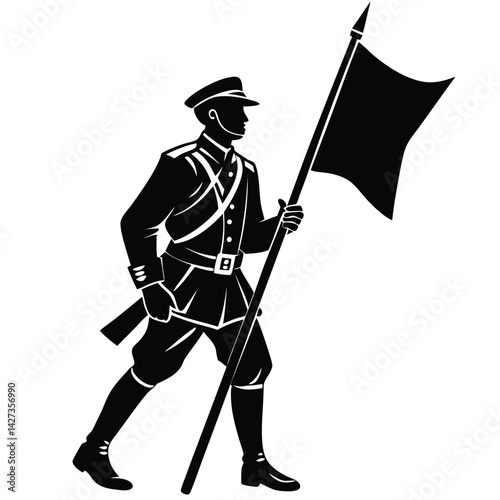 Silhouette of a Soldier Holding a Flag: Military Icon, Vector Illustration, Patriotic Symbol, Armed Forces, Black and White Graphic