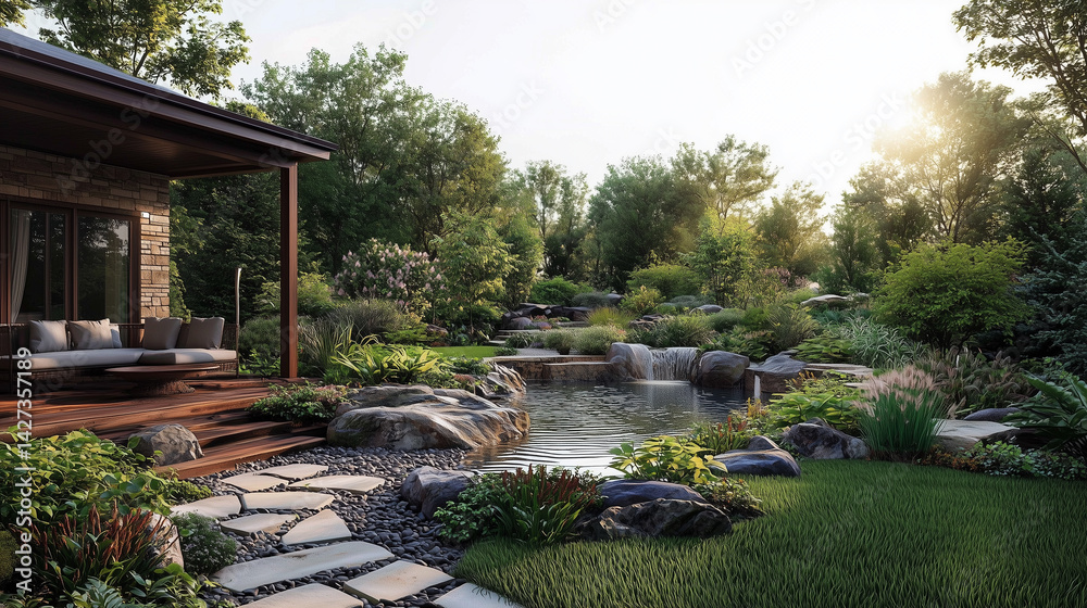 Fototapeta premium Backyard scene with wooden patio and relaxing lounge area, surrounded by lush greenery and tranquil pond with waterfall.