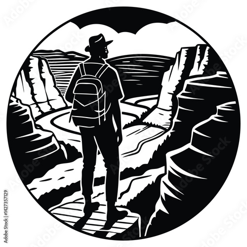 Hiker Silhouette in Canyon Landscape Vector Illustration: Outdoor Adventure, Travel, Nature, Hiking, Grand Canyon Inspired Art