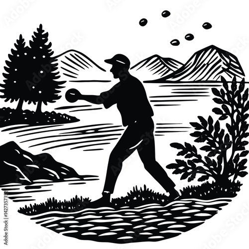 Stone Skipping Illustration: Man Throwing Rocks on Lake, Woodcut Style Landscape Art, Outdoor Recreation, Nature Scene