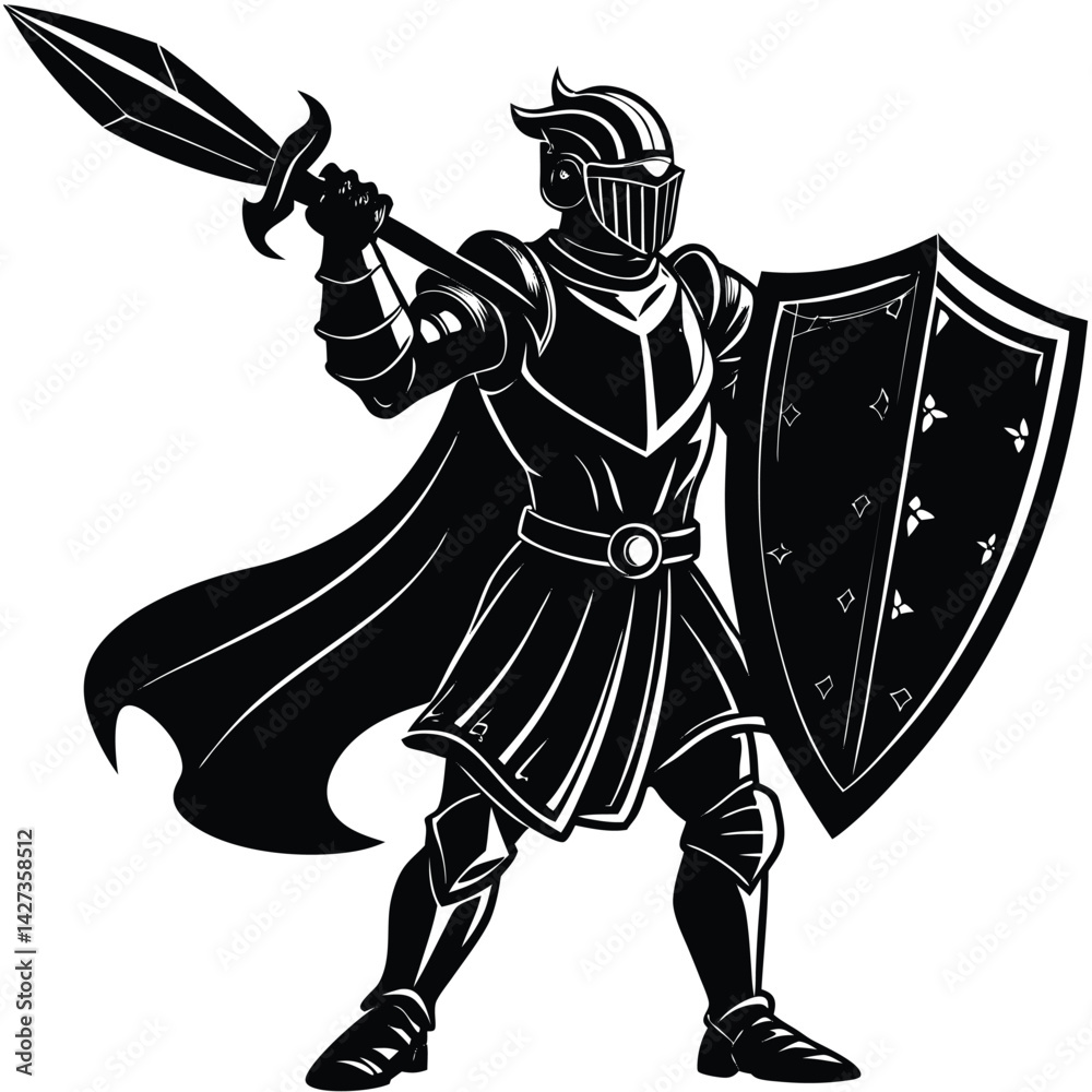 Obraz premium Knight in Shining Armor Vector Illustration: Medieval Warrior with Spear and Shield, Black and White Graphic Art Image