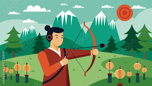 Ignoring the sounds of the bustling tournament grounds the archer tunes in to their inner calm.. Vector illustration