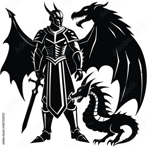 Dragon Knight Vector Art: Fantasy Warrior with Dragons, Black and White Illustration, Mythical Creature Artwork, Graphic Design Element