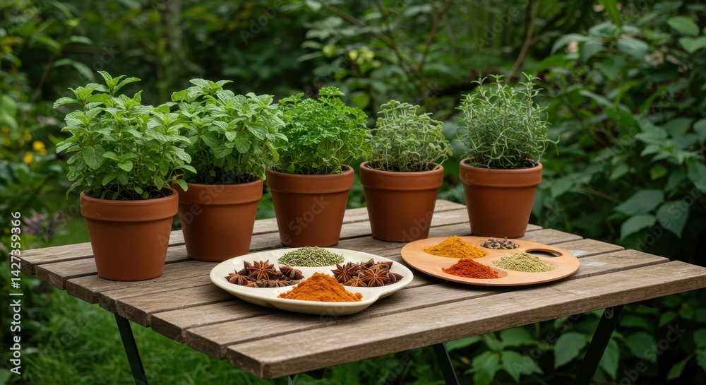 Fresh Herbs and Spices Arranged on a Rustic Table Surrounded by Lush Greenery in a Natural Outdoor Setting Fresh Herbs and Spices Arranged on a Rustic Table Surrounded by Lush Greenery in a Natural Outdoor Setting