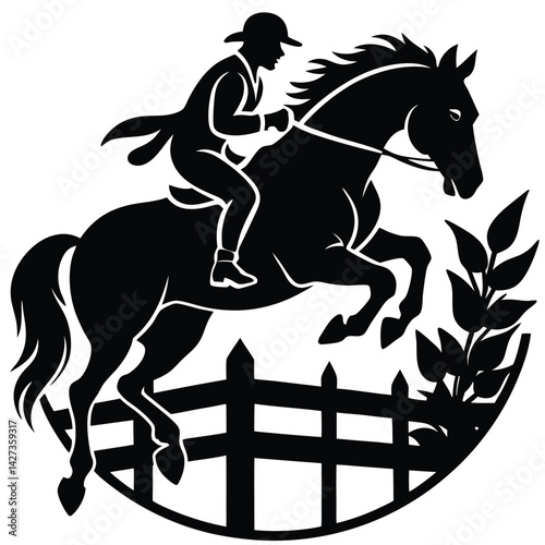 Equestrian Silhouette: Horse and Rider Jumping Fence, Black and White Vector Illustration, Horseback Riding Sport Graphic Design