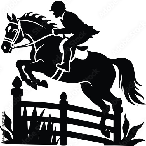 Equestrian Horse Jumping Silhouette: Black and White Illustration of a Horse and Rider Over Fence, Sports Art, Horseback Riding Graphic