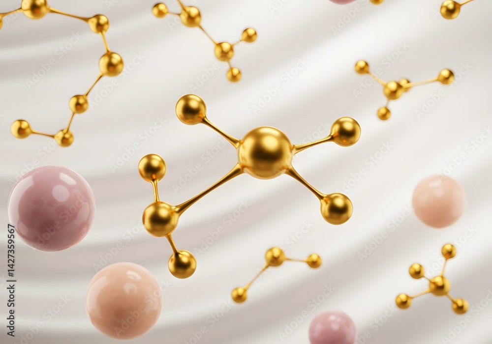 Obraz premium Abstract Gold Molecules and Pink Spheres, Science Concept, Chemistry, Atoms, Molecular Structure.