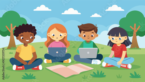 A group of kids sit on a blanket in the park each one engrossed in their own digital story creation enjoying the fresh air and sunshine as they let. Vector illustration