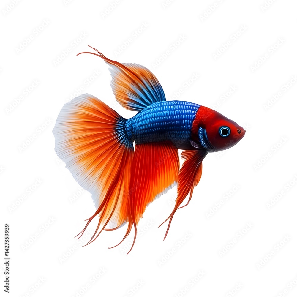 Fototapeta premium A bright orange goldfish swimming alone on a white background