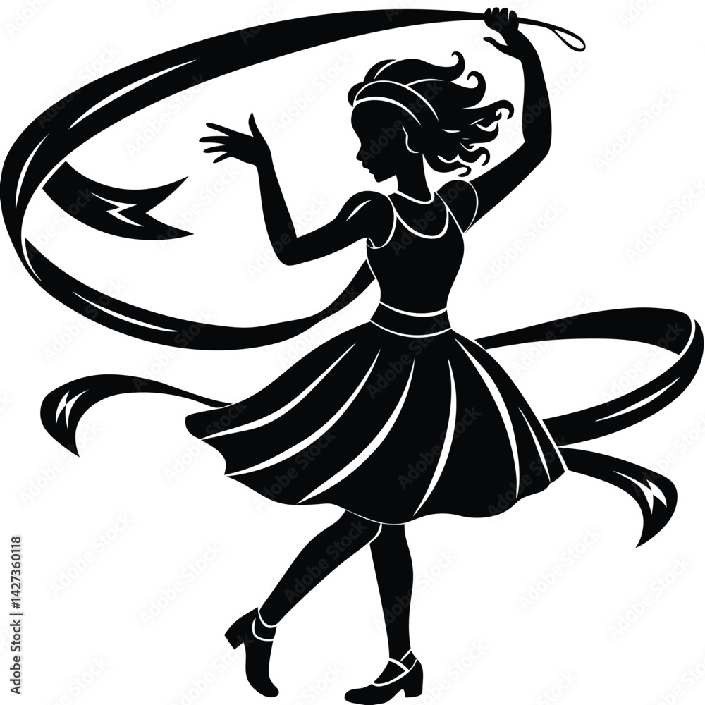 Obraz premium Silhouette of a Rhythmic Gymnast with Ribbon, Artistic Gymnastics Illustration, Sport, Dance, Black and White Vector Image