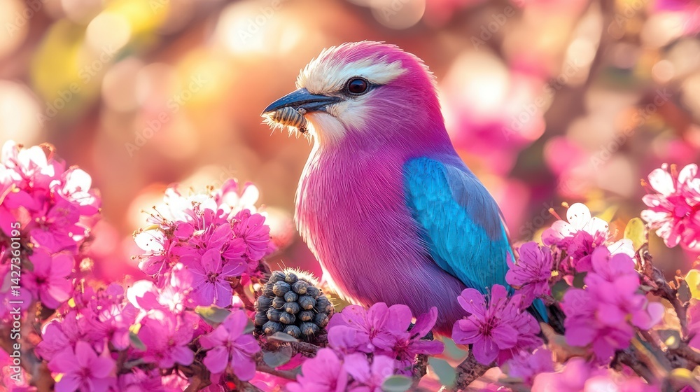 Obraz premium Lilac-breasted Roller feeding, spring blossoms, sunrise
