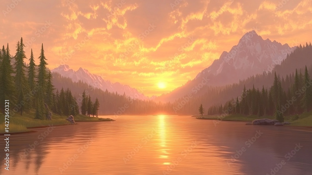 Fototapeta premium A tranquil mountain lake at sunset.