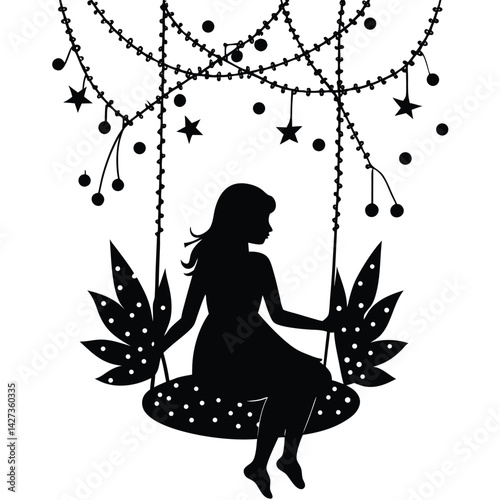 Silhouette of Girl on Swing Under String Lights: Whimsical Vector Art, Fantasy Illustration, Black and White Graphic Design