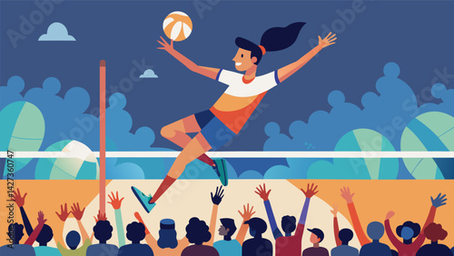 As the crowd cheers a player jumps and extends their arm slamming the volleyball down into their opponents court.. Vector illustration