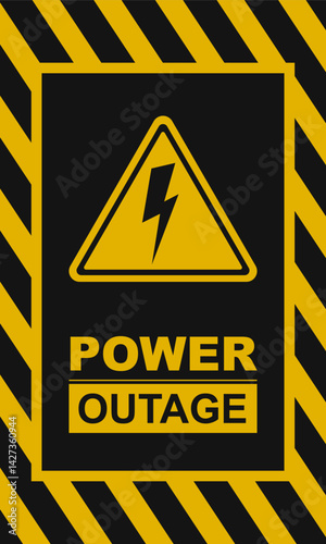 Power outage warning vertical poster. Blackout poster icon and sign on a black and yellow vector background.