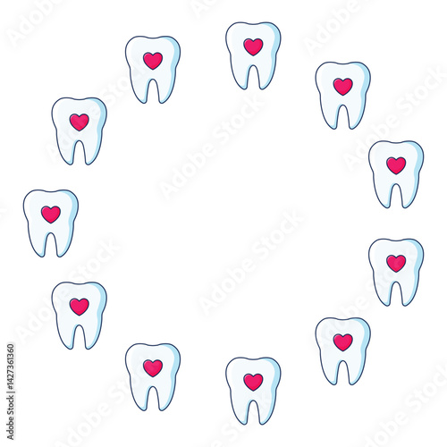 Round frame made of teeth. Pattern for dental clinic. Hand drawn. Vector illustration