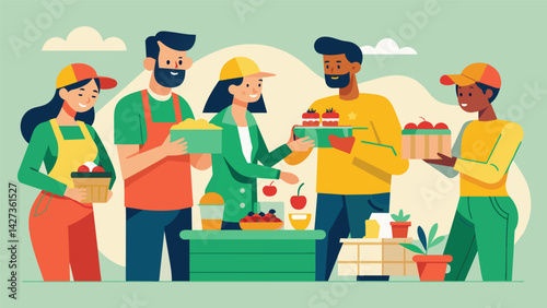 The aroma of homemade lunches fills the air as workers swap food and share bites with each other creating a sense of community.. Vector illustration