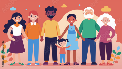 A group of people of different ages and backgrounds all holding hands and standing in front of a colorful background with the words Building a better. Vector illustration