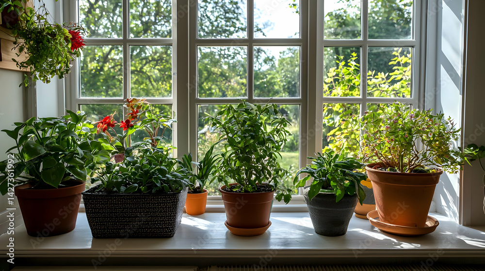 Plants In Pots On Window Sill Sunlight
