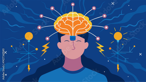 A persons brain lighting up with electrical impulses with limitless potential represented by the sparks branching out and transforming into various. Vector illustration