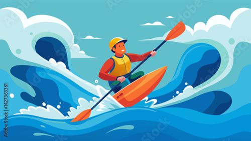 A skilled kayaker expertly maneuvers through the swirling waters of a frothy rapid descent.. Vector illustration