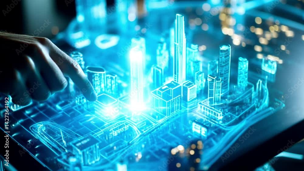 Finger interacts with holographic smart city interface. Tracking shot. 4K.
Finger interacts with holographic smart city interface. Tracking shot. 4K.