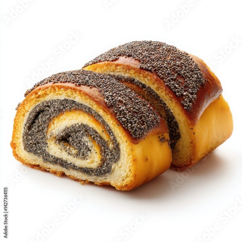 A sliced poppy seed roll with a golden crust on a white background surface