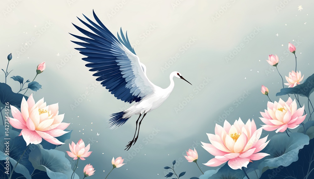 Fototapeta premium Crane in Floral Paradise: A graceful crane takes flight amidst a serene scene of water lilies, their pink petals softly blooming on the water's surface, evokes tranquility and harmony. 