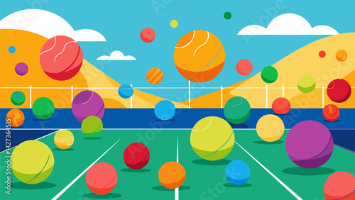 Dozens of brightly colored squash balls were bounced against the outdoor courts during the tournament adding to the excitement.. Vector illustration